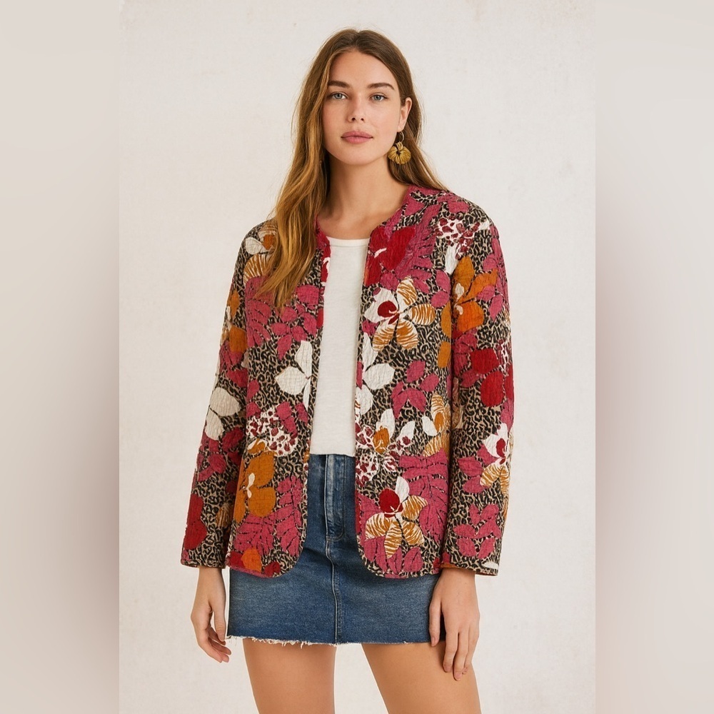 Animal Print Jacket  Quilted Blazer Reversible and Dark Floral Print - Picture 2 of 13